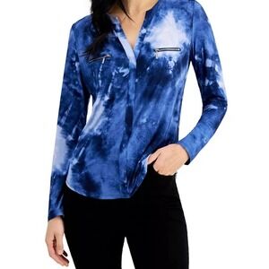 INC International Concepts Women's Blue Tie Dyed Zip Pocket Stretch Blouse 2X